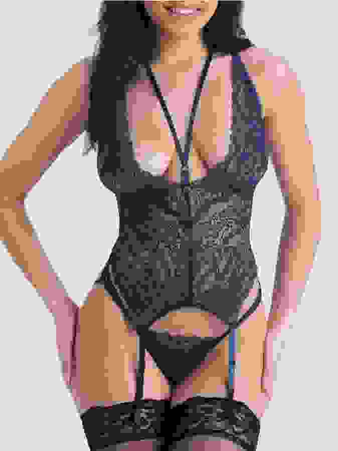 Lovehoney Late Night Liaison Blue Lace Deep Plunge Bustier Set, Blue, hi-res